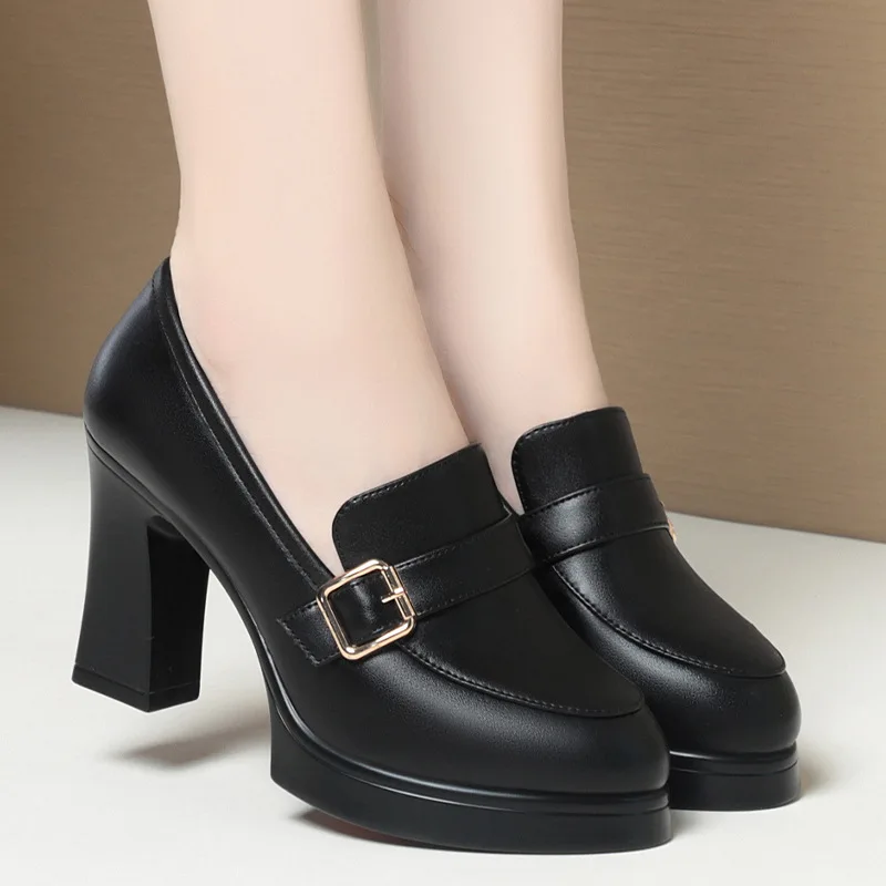 Comfortable Deep Mouth Soft Leather Anti-slip Shoes Platform Spring 2025 Women\'s Block Black High Heels Office Mother Shoes