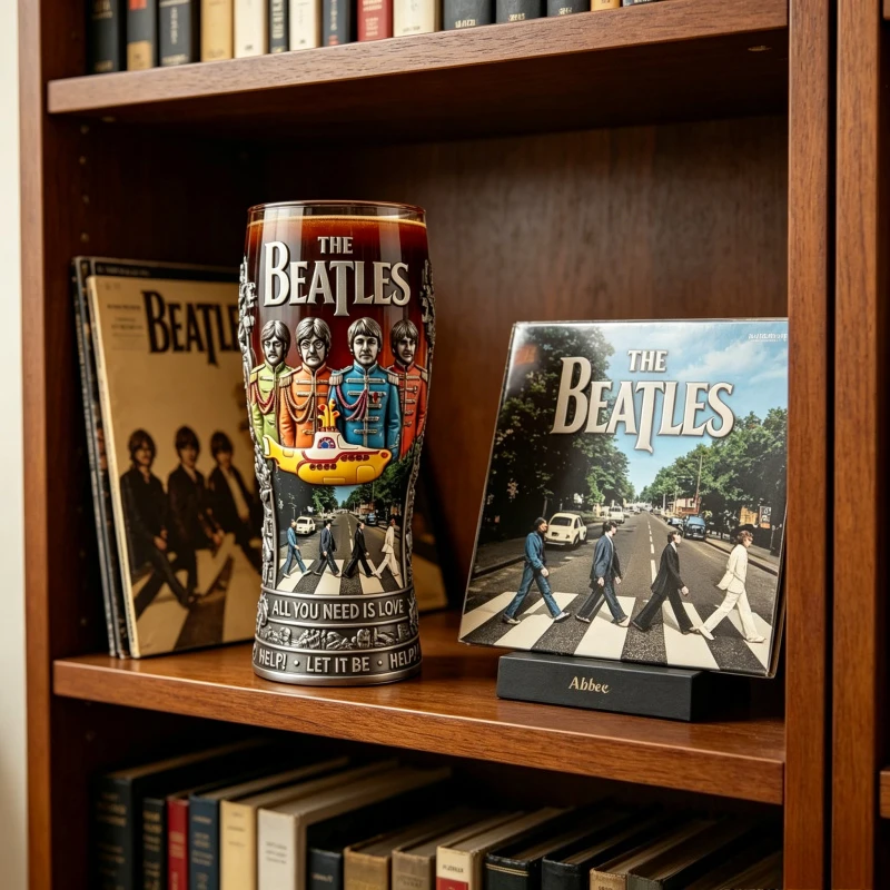 Vaso de cerveza conmemorativo de los Beatles, con diseño del submarino amarillo de Abbey Road, en cristal con relieve temático de los Beatles