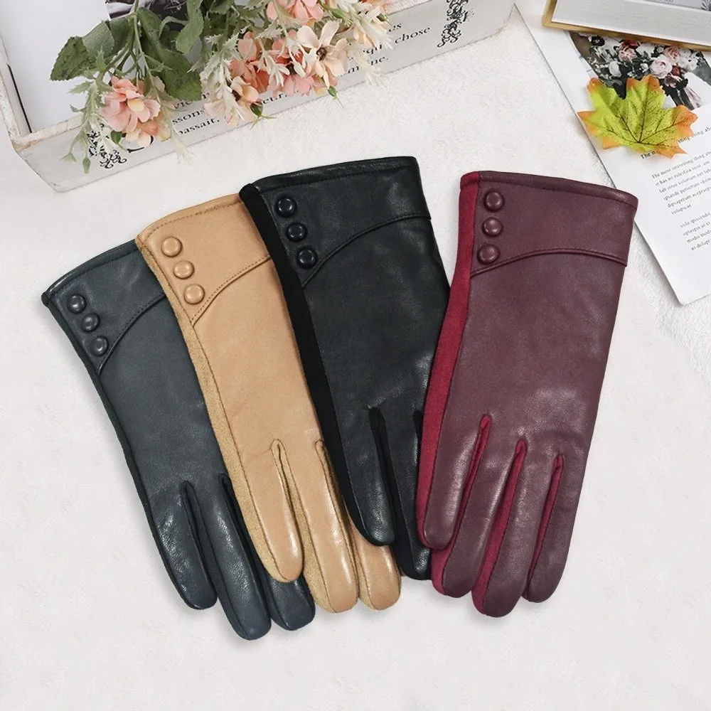 

Simple Solid Color Full Finger Mittens PU Button Women Leather Gloves Thickened Keep Warm Touch Screen Gloves Ladies
