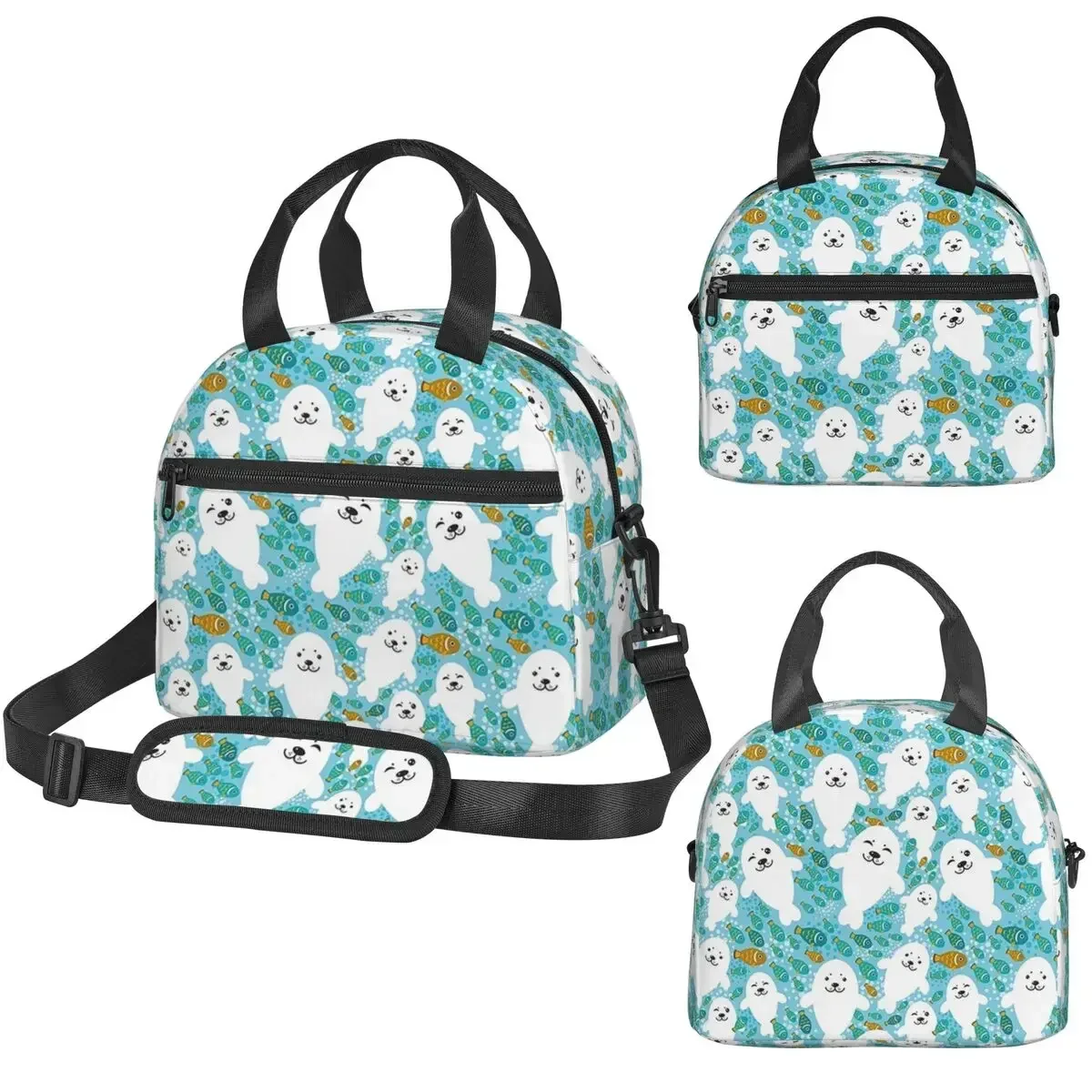 Kawaii Cute Seal And Fish In Water Insulated Lunch Bag for Women Office Cooler Thermal Box Tote Portable Lunch Boxes