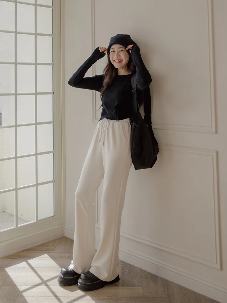Queenop Autumn Winter New Casual Cotton Bell Bot Women's Long Pants Comfortable Loose Fit l Waist Micro Flared