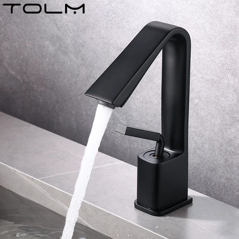 TOLM Creative Single Hole Bathroom Sink Faucet Single Handle Lavatory Copper Bathroom Faucet Grey Black Brass Hot Cold Mixer Tap