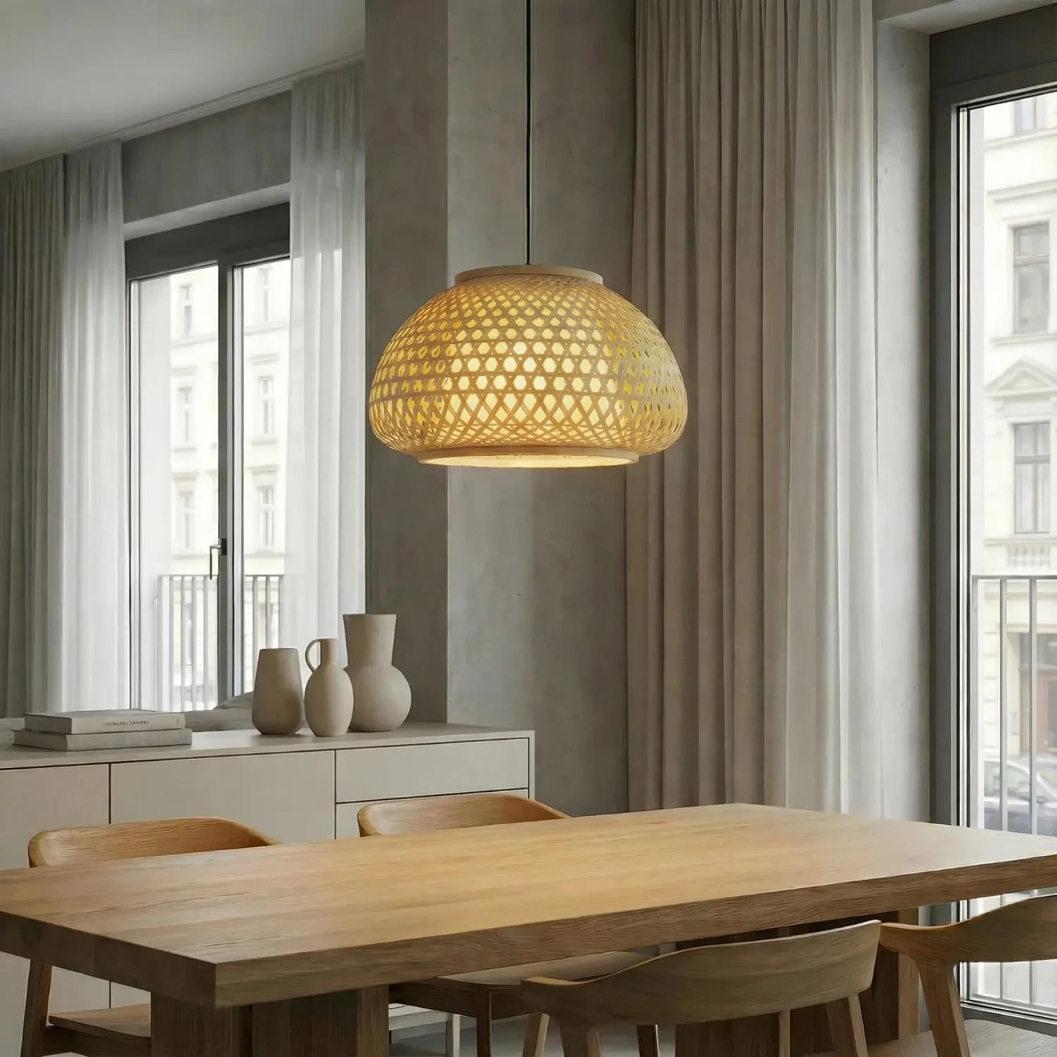 JOYINLED 35cm Boho Woven Bamboo Hanging Ceiling Lamp E26 E27 Rattan Pendant Light for Dining Room, Kitchen Island and Bedroom