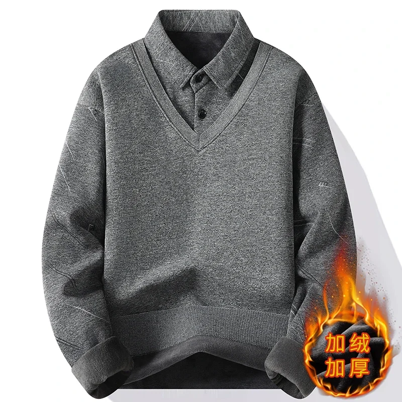 Mannen Fleece Voering Trui 2024 Winter Nieuwe Dikke Warme Top Polo Kraag Nep Tweedelige Casual Truien Trui Mannen kleding