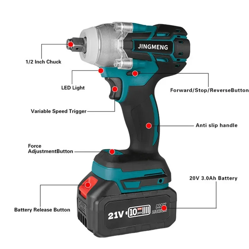 Chave de Impacto Elétrica Cordless, Brushless Broca Mão, Soquete Ferramenta Elétrica para Makita, Bateria 21V