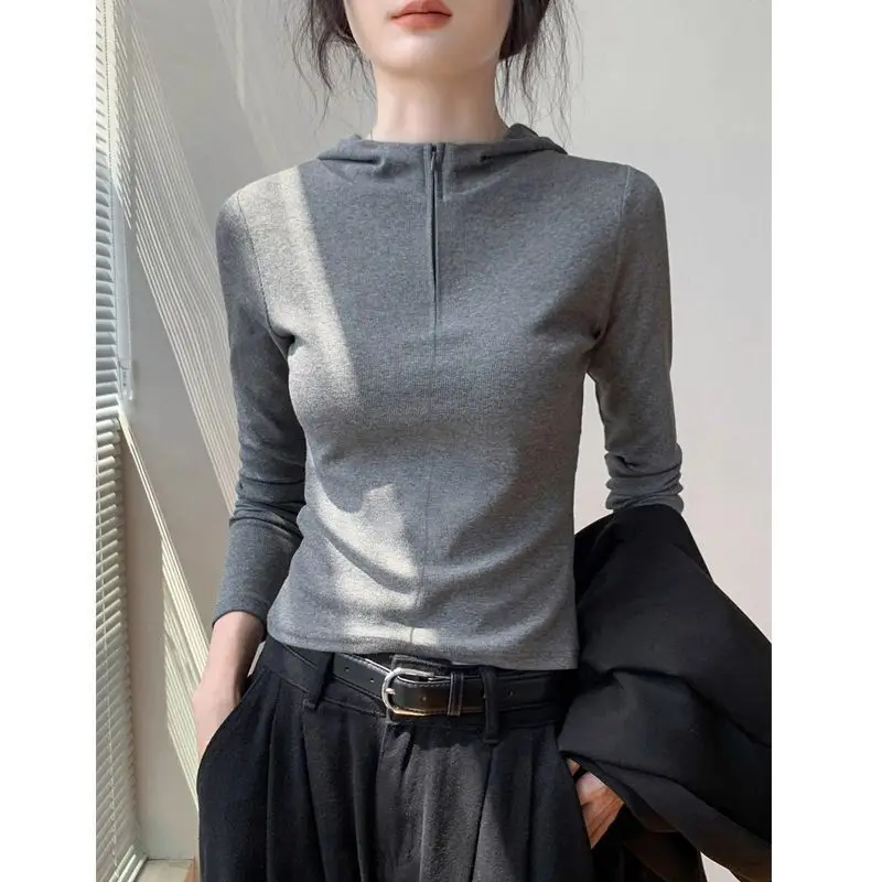 

Korean Style Zipper Hooded Long Sleeve T-Shirt For Women, Autumn And Winter New Casual Versatile Slimming Solid Color Base Shirt
