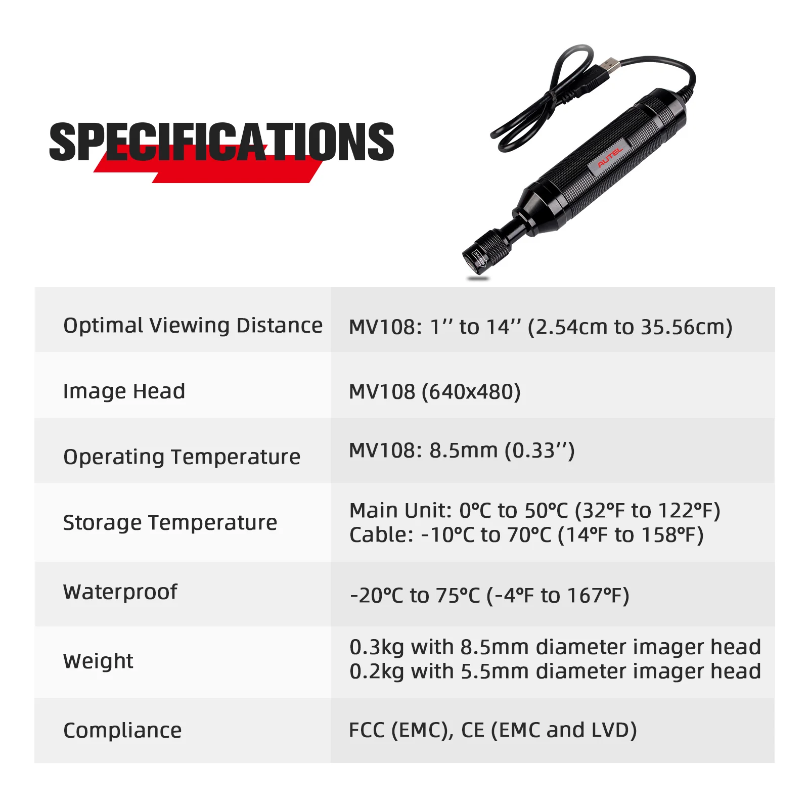 Autel MaxiVideo MV108S Digitale auto-inspectiecamera 8,5 mm ultraslanke Borescope Snake-camera + LED-licht