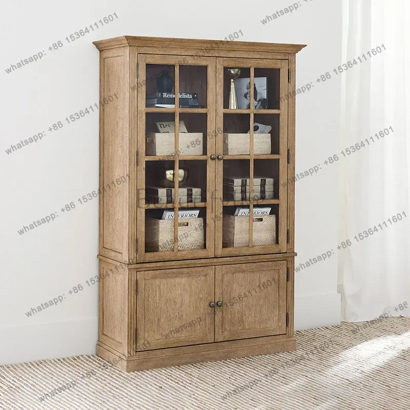 

12American solid wood bookshelf display cabinet, living room glass bookcase, multi-layer book storage cabinet