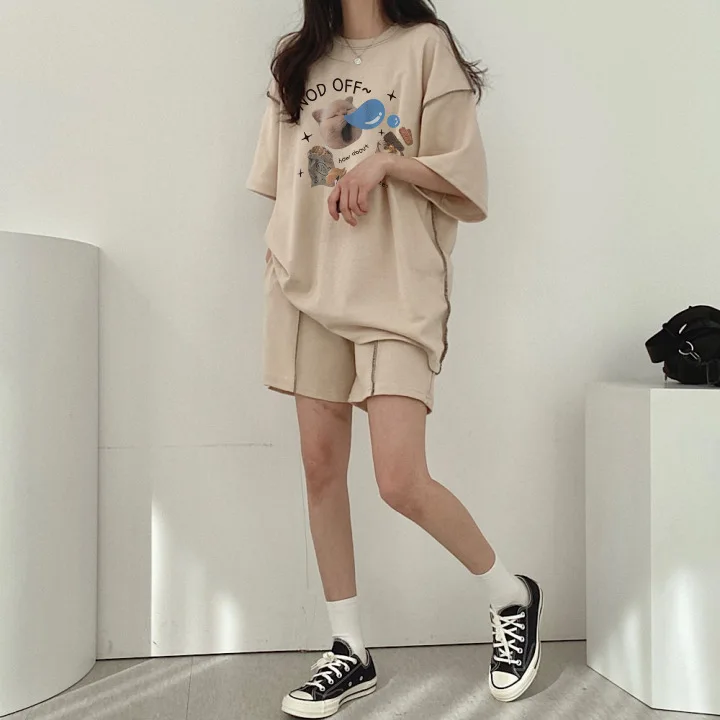 Korean Kawaii Cat Print T Shirt Shorts 2 Piece Sets Women Oversized Y2k Kitten Suits Funny T-shirts Harajuku Female Outfits