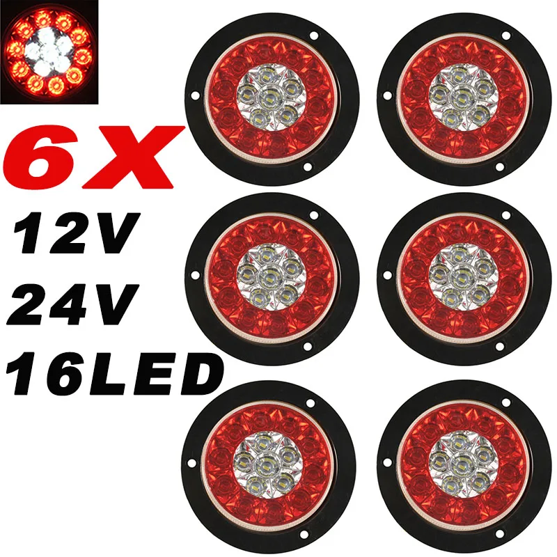 

6X 16 LED Tail Light 4" Round Red Stop Brake Turn Trailer Light For RV Truck Universal Car Signal Brake Rear Warning Taillighs