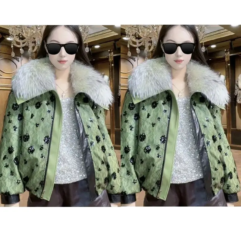 Jaet in pelle Thiened di lusso Faionable con colletto in pelliccia grande con fiori ricamati Cappotto caldo e casual per giovani...