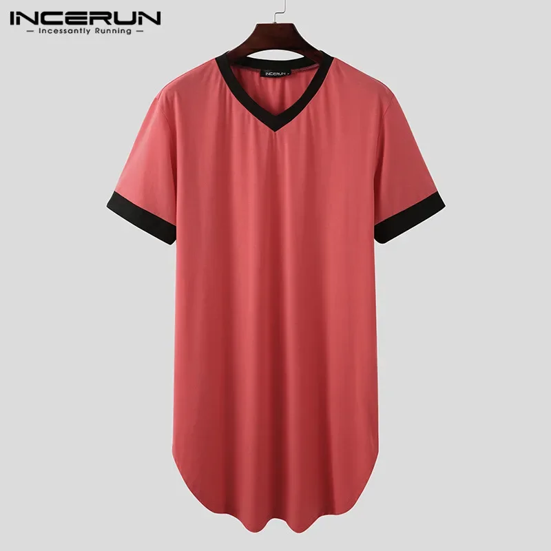 INCERUN-Camisón a la moda para hombre, bata para dormir de retales, ropa de dormir unicolor, albornoz de manga corta, ropa de casa holgada con cuello de pico, S-5XL 2022