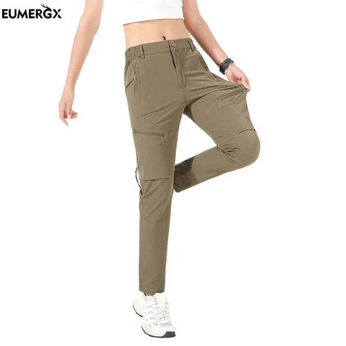 EUMERGX-pantalones de senderismo de verano para mujer, pantalones Cargo impermeables de secado rápido, pantalones elásticos de montaña para acampar y escalar
