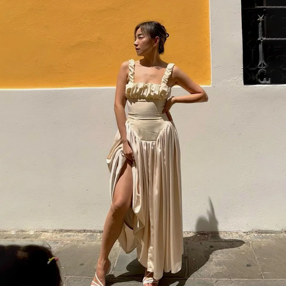 Wiosenna Wyprzedaż 2025 Nowa Seksowna Elegancka Sukienka Długa z Kwadratowym Dekoltem, Ramiączkami i Odkrytymi Plecami