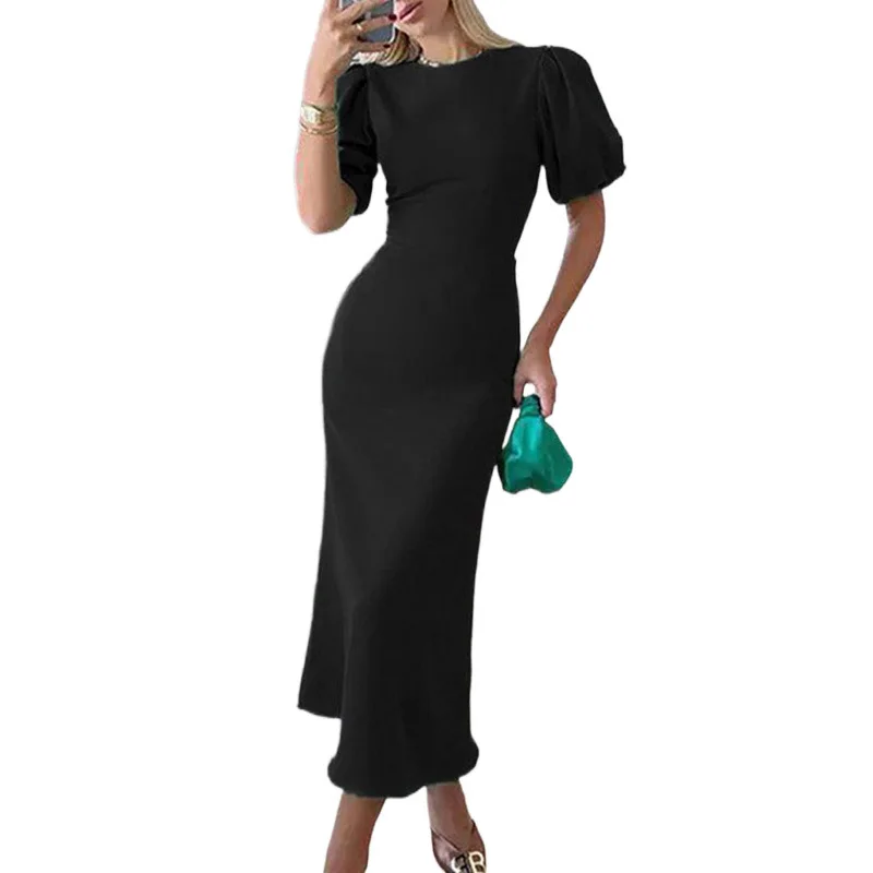 2025 Spring and Summer Fashion New Temperament Simple Fashion Women's Bubble Sleeve Elegant Package Hip Solid Color Long Dress