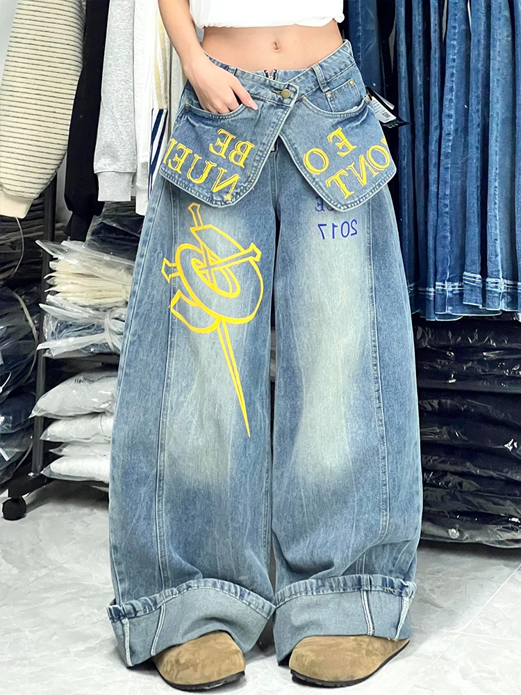 

American High Street Fake Two-Piece Denim Jeans Women's Vintage Double Waist Print Wide Leg Floor-Length Pants