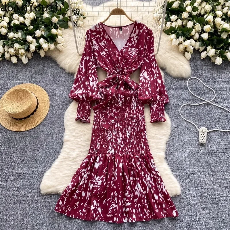 Vintage Woman Dress V-neck Lantern Sleeve Temperament Robe Femme Tunic Folds Bodycon Print Maxi Dresses 2024 Vestidos De Mujer