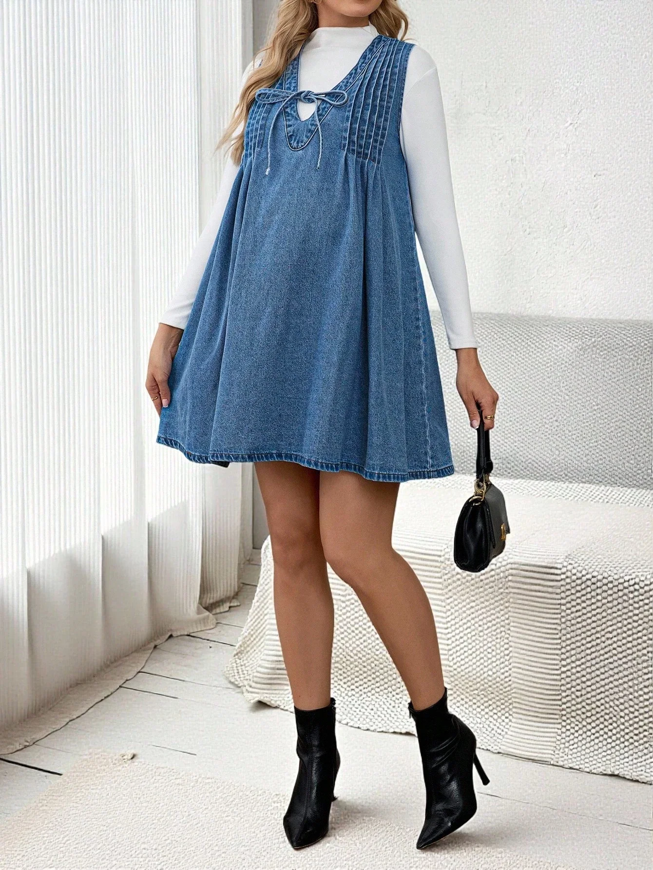 Denim A-Line Mini Dress With V-Neck Tie Front And Pleats, Sleeveless Casual Outfit For Women