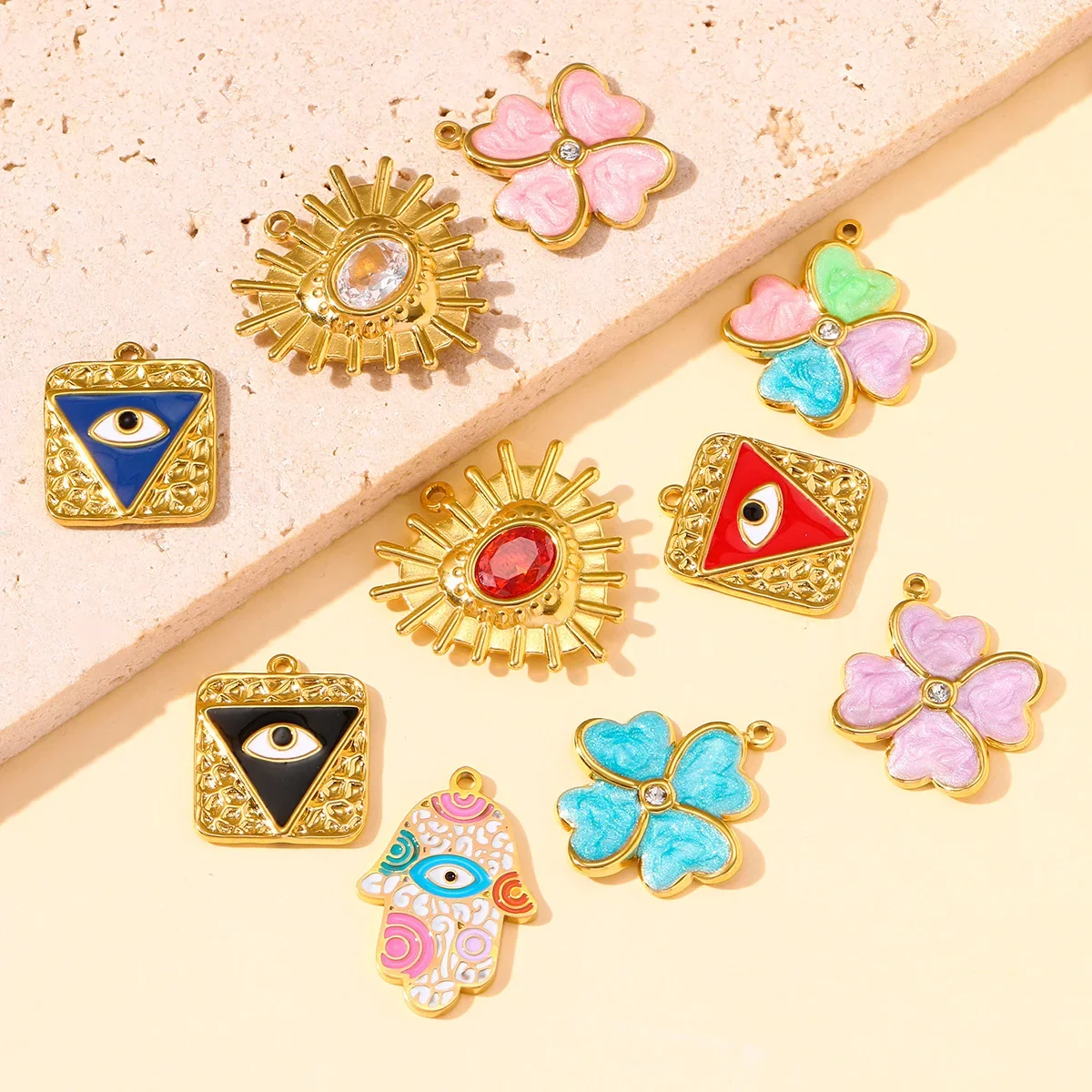 3pcs/Lot Wholesale Stainless Steel Enamel Hamsa Hand Necklace Pendants Evil Eye DIY Bracelet Charms Women Heart Clover Jewelry