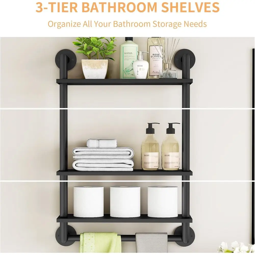 أرفف عائمة من الفولاذ المقاوم للصدأ مكونة من 3 طبقات مع شريط منشفة، رف تخزين 26 فوق المرحاض للحمام والغسيل والمطبخ