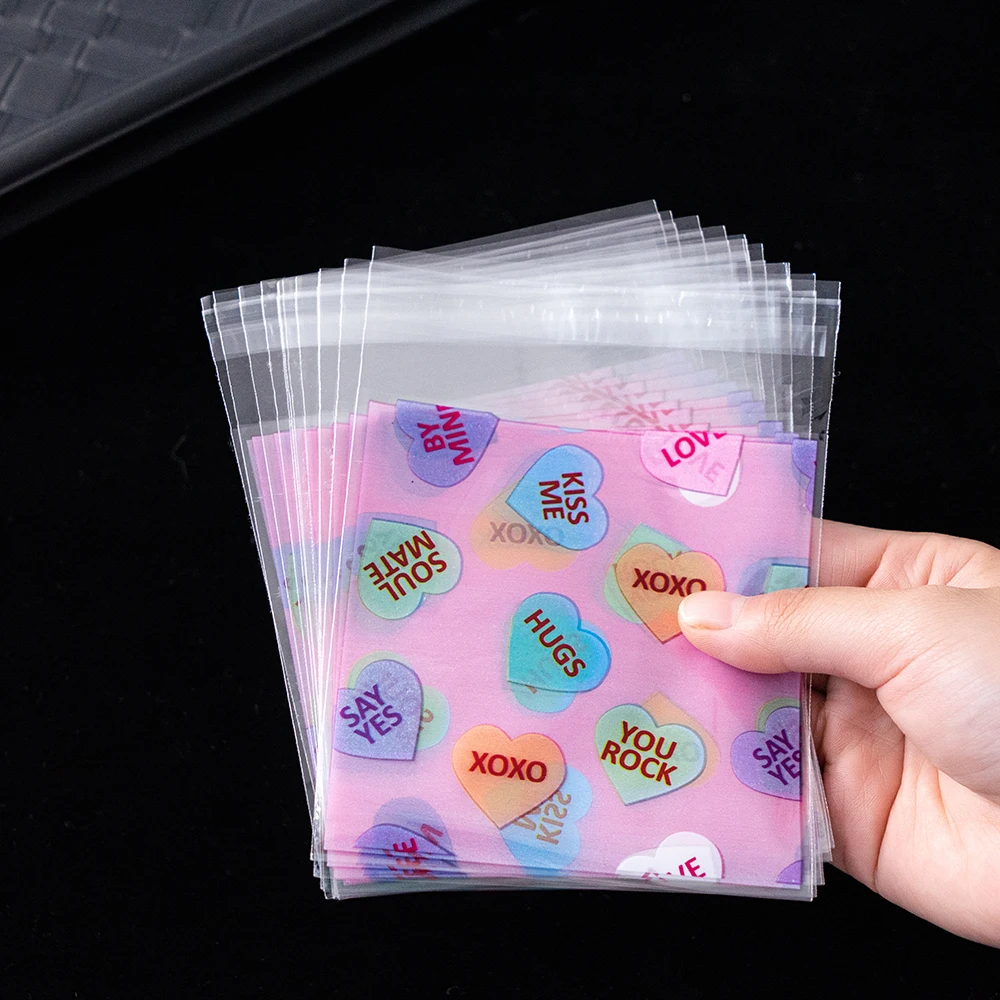 100pcs 10x10cm Mix Valentine Cellophane Bags Cookie Treat Bags Heart Self-Adhesive Clear Plastic Candy Pouch Jewelry Display