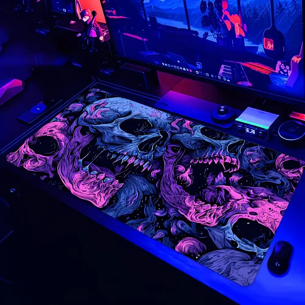 Large XXL Neon Skull Mouse Pad Cyberpunk Purple Gaming Mousepads Keyboard Mat Desk Mat Non-Slip Rubber Base for PC Gamer Office
