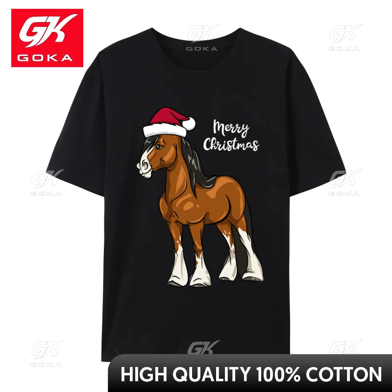 Cute Cartoon Clydesdale Draft Horse Christmas T-Shirt Men Crew Neck Camisas Men Printed Tops Tee Pure Cotton