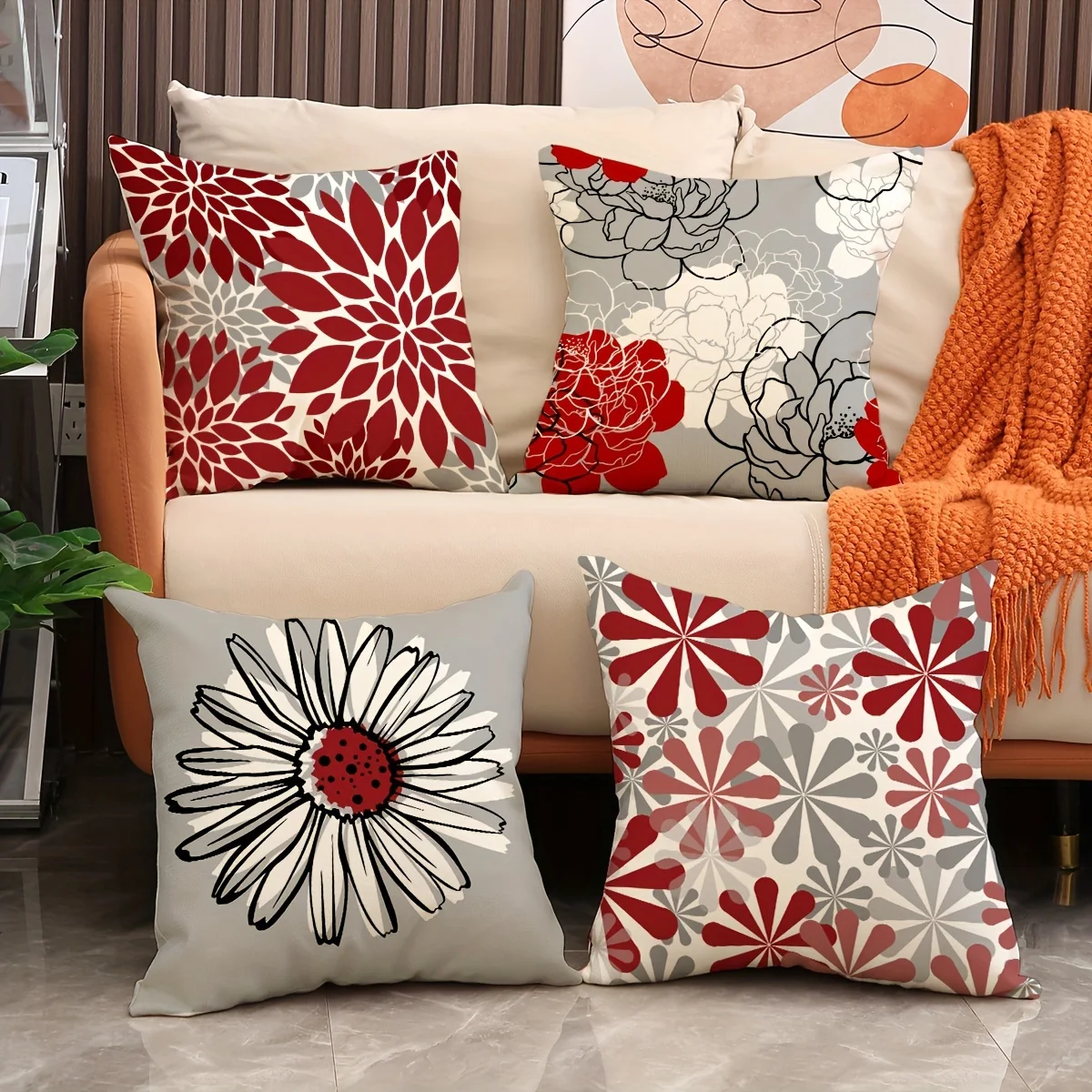 

4pcs Red Gray Floral Pillow Covers Velvet Polyester Cushion Cases Modern Daisy Decorative Throw Pillows Home Decor