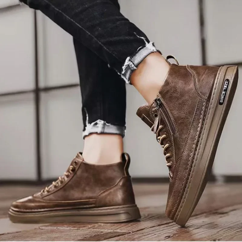 Men's Shoes Fashion High Top Sneakers PU Leather Casual Shoes for Men Platform Boots Retro Zipper Ankle Boots Zapatillas Hombre - view 5