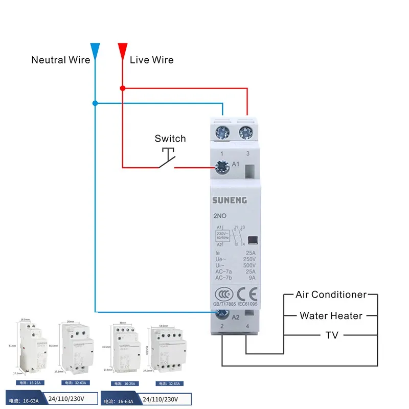 Modular Contactor 2P 16A 20A 25A 32A 40A 63A 24V/110V/230V 50/60HZ Din rail Household AC contactor 2NO /2NC or 1NO 1NC