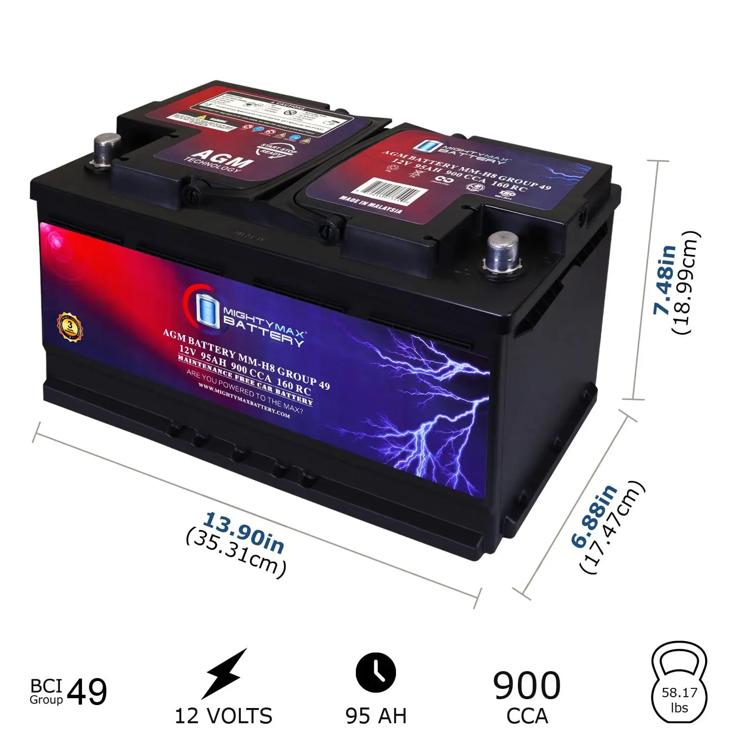 12V 95Ah 900CCA Car Battery for Ram Promaster 3500 2014-2023, Customized