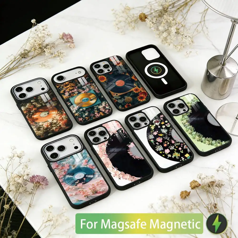 

Flower Record Phone Case For iPhone17,16,15,14,13,12,11 Plus,Pro Magnetic For Magsafe Wireless Charging