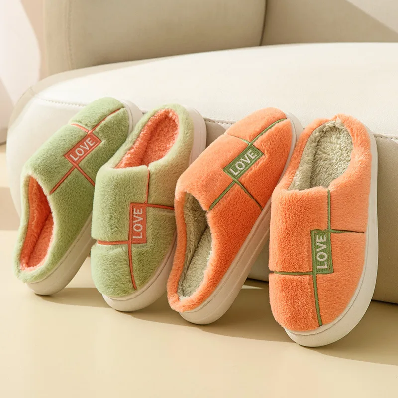 Couple Warm Cotton Slippers Winter Indoor Home Comfortable Letter Toe Wrap Horizontal Bar Non Slip Unisex Thick Sole Shoes