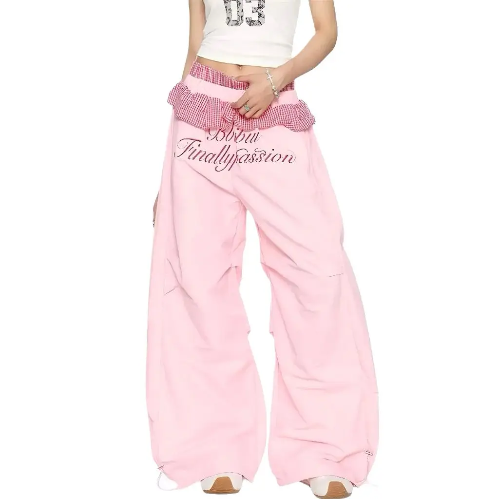 Y2k Fashion Dopamine-inspired Plaid Lace Wide-leg Pants Women's Lightweight Quick-drying Cargo Pants Letter Embroidery Tops Pink