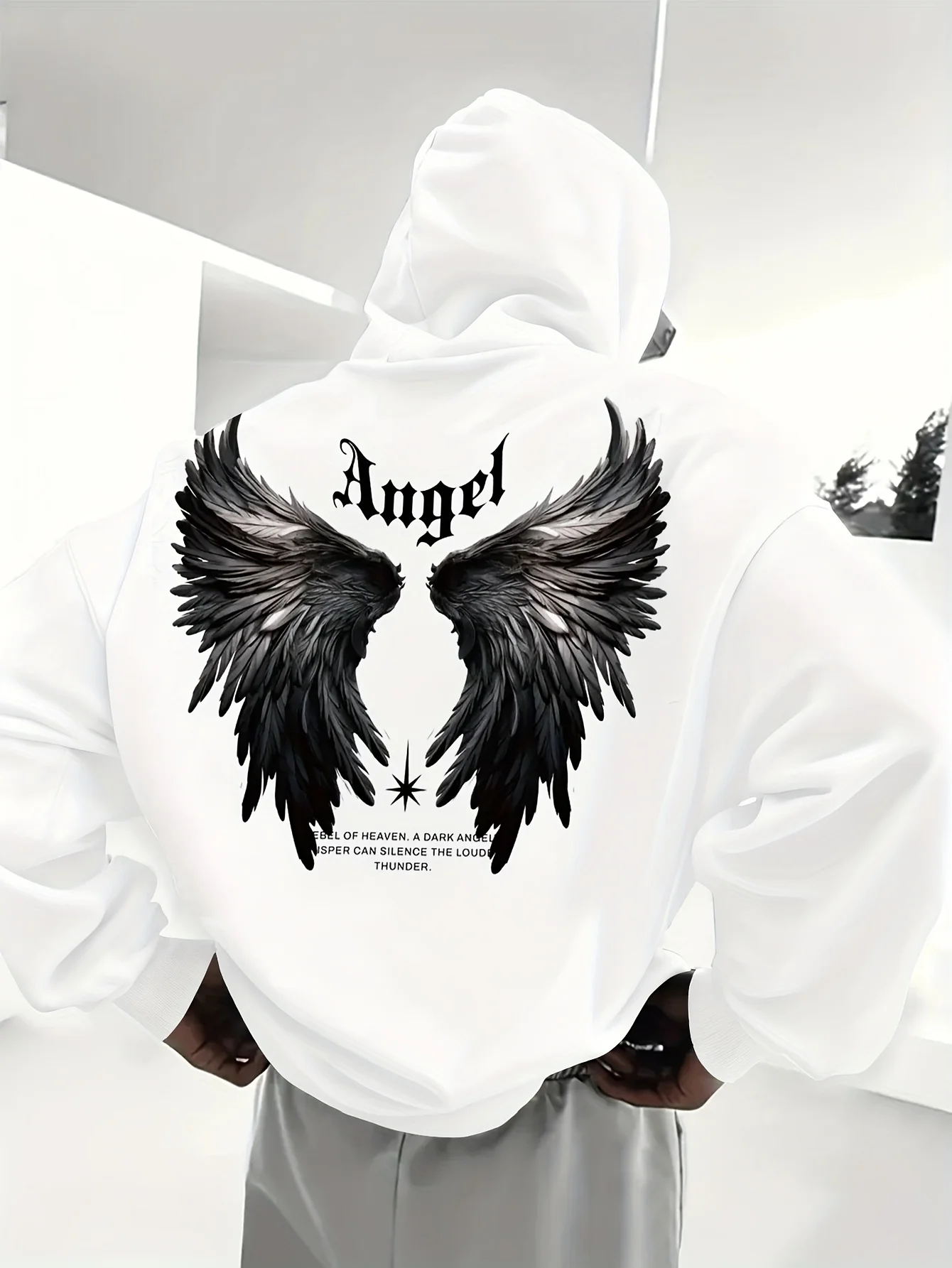 Herren Angel Dark Wings Hoodie im Gothic-Stil, Herbst/Winter, Fleece-gefüttert, warm, locker, bequem, modisch, lässiger Pullover – Detail 5