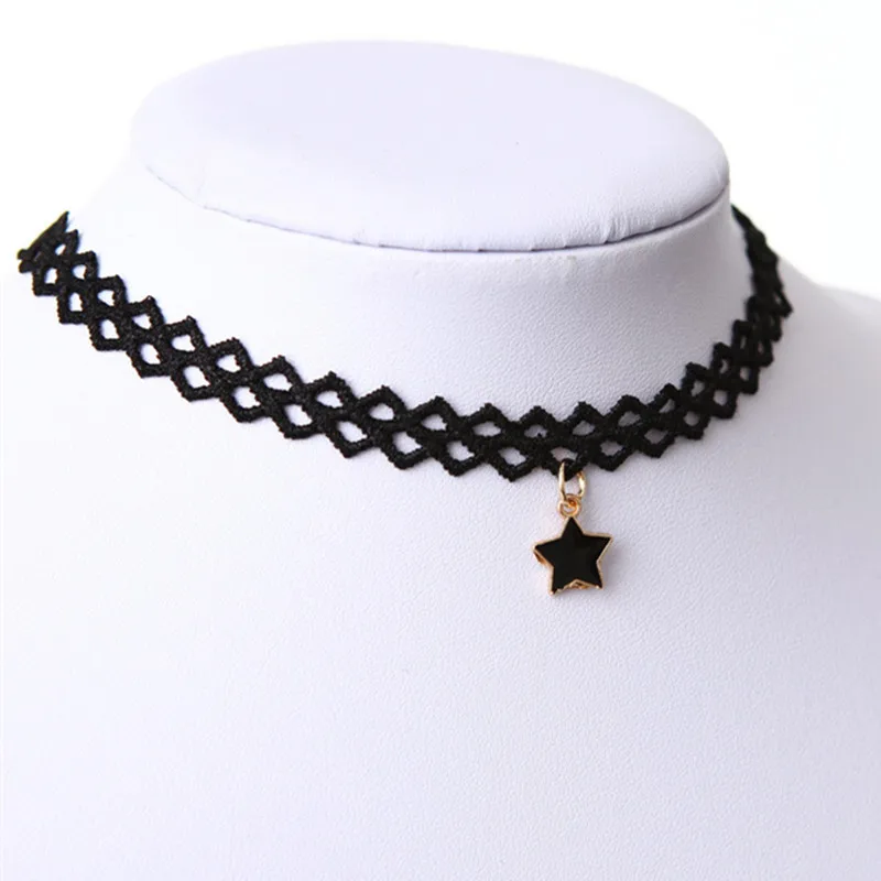 New Hot Sale Punk Lace Hollow Five-pointed Star Choker Necklace Gothic Black Velvet Bijoux Pendants Women Jewelry Clavicle Chain