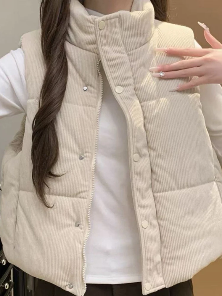 Sweet Retro Corduroy Vest Women Stand Collar Loose Preppy Style Buttons Vest Coat Fall Winter Vintage All Match Solid Jacket Top