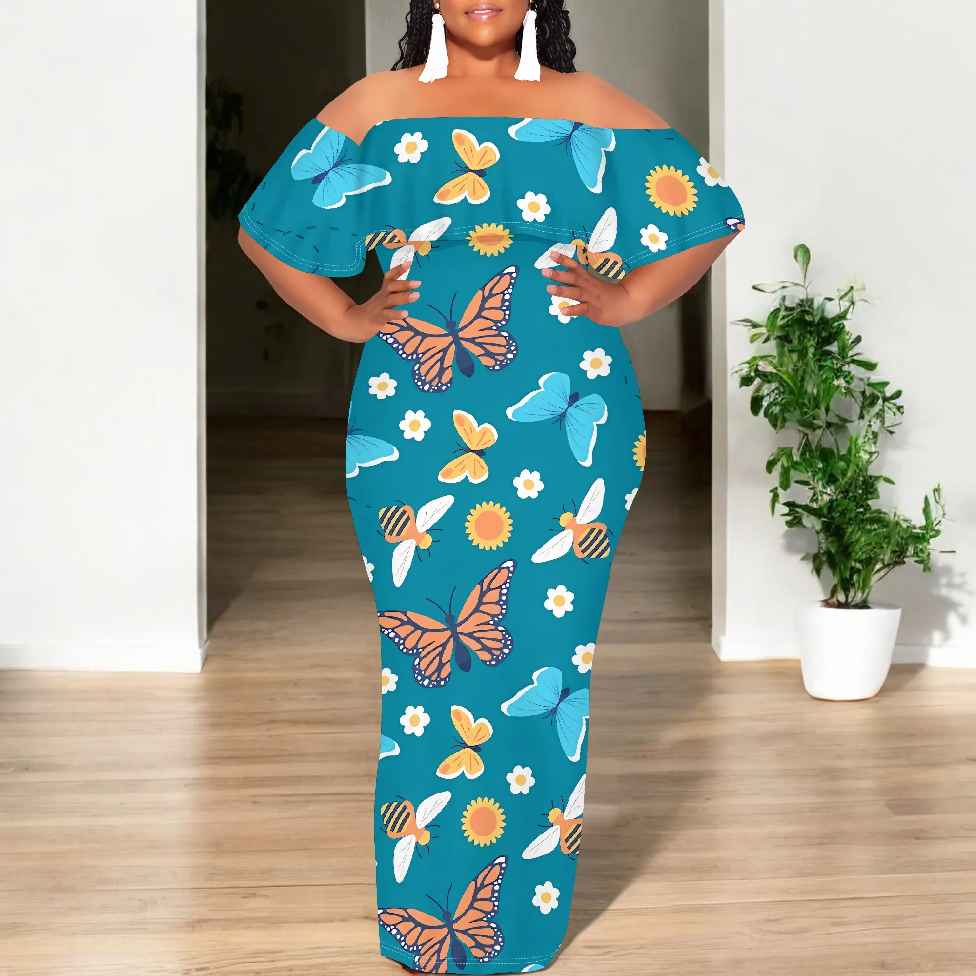 Women's Fashion 2025 Spring/Summer New Customized Casual Loose Swing Collar Printed Butterfly Beach Dress