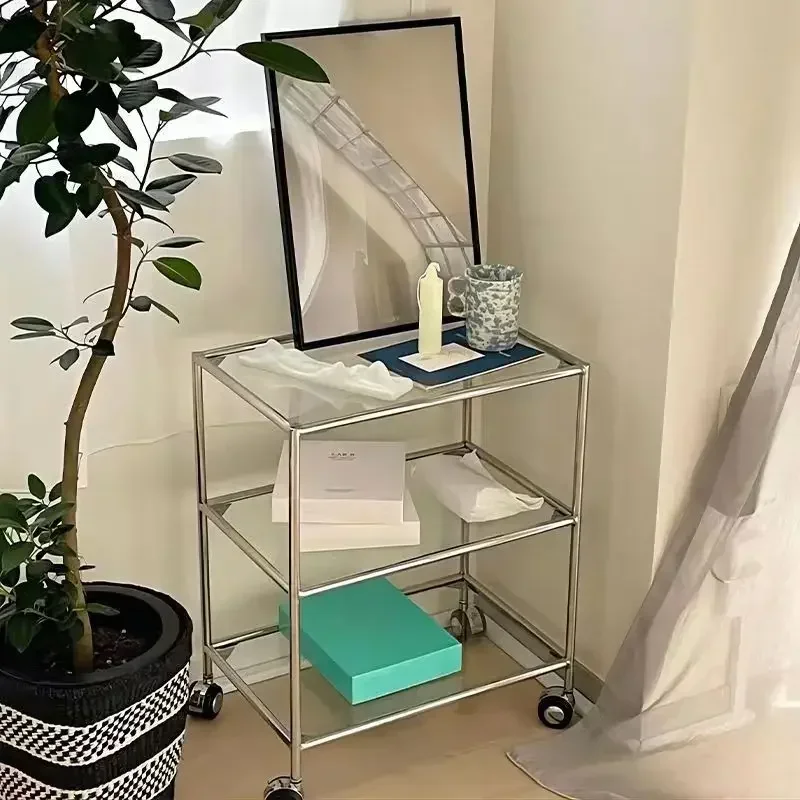 

Modern Glass Three-Layer Shelf Stainless Steel Medieval Small Cart Home Furniture Movable Side Table Coffee Table Storage Table