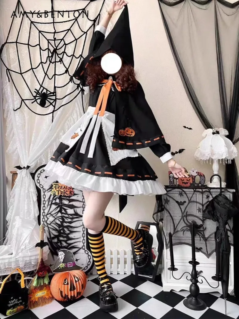 

2024 Japanese Jk Uniform Lolita Autumn Cute Wind Black and Yellow Color Matching Halloween Print Long-Sleeved Dress Set For Girl