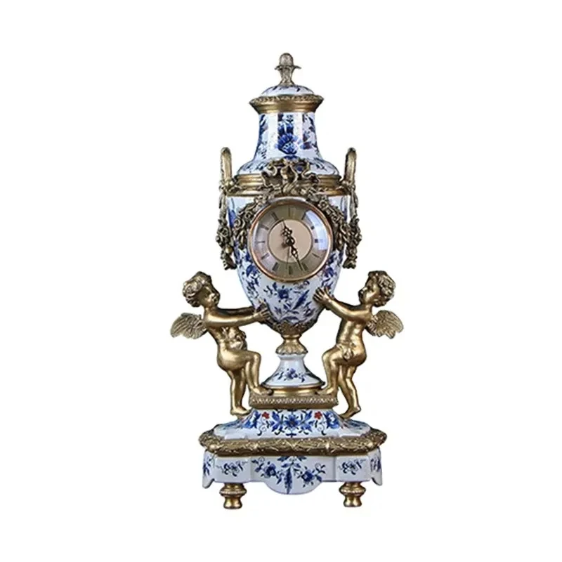 European & American Style Bronze Angel Bell + Blue & White Porcelain Enamel Decor – Home Ornament Set