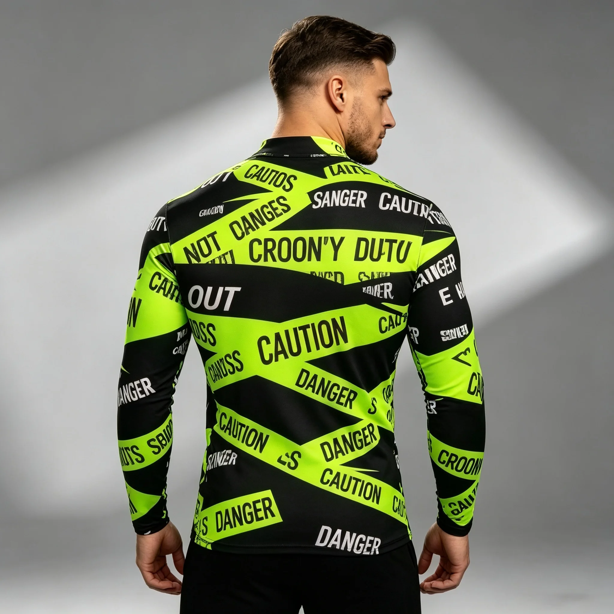 Men's Compression Long Sleeve T Shirt Black Fluorescent Danger Print High Neck Gym Workout Fitness Running Sports Base Layer Top