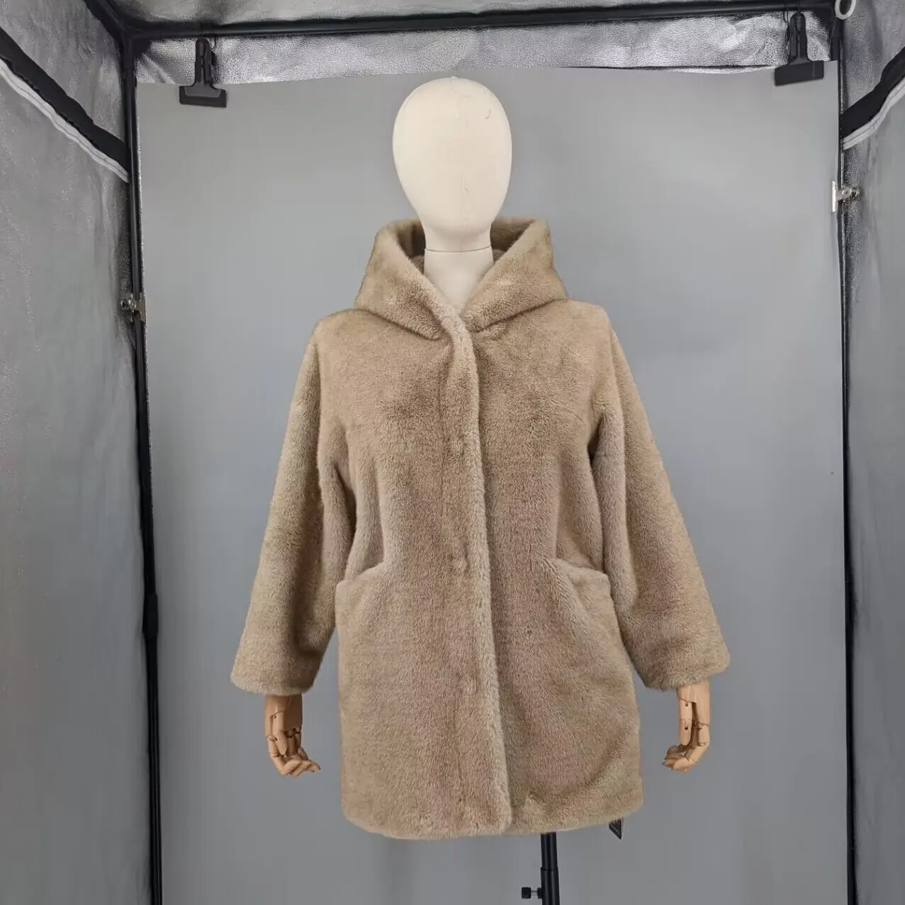 Women Gradient Khaki Hooded Faux Sable Fur Coat Full Artificial Fluffy Fake Fur Open Front Warm Winter Casual Overcoat 23A0614