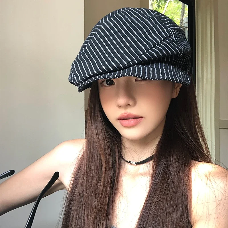 Japanese Classic Color Matching Striped Newsboy Hats Women Summer Breathable Versatile Show Face Small Retro Literary Berets