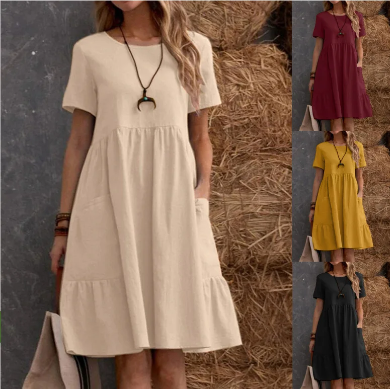 

Women's Cotton and Linen Blended Dress O-neck Short Sleeve Loose Retro Simple Pocket Pleated Midi Skirt