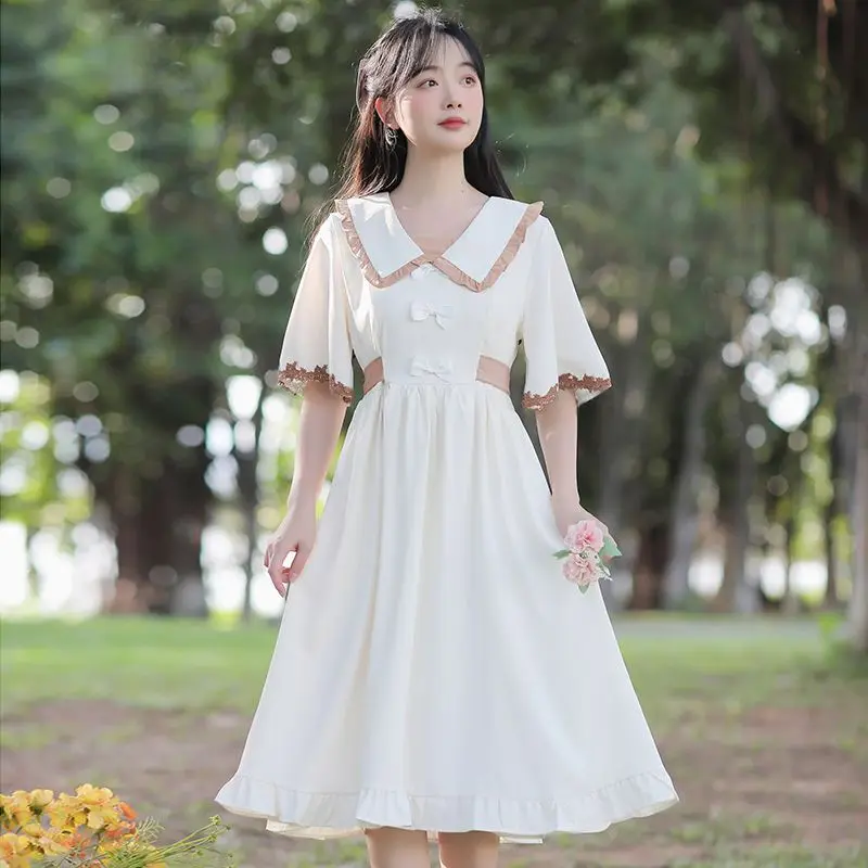 Sweet Peter Pan Collar Bandage Folds Bow Princess Dress Female Clothing 2024 Summer New Loose All-match Flare Sleeve Midi Dress