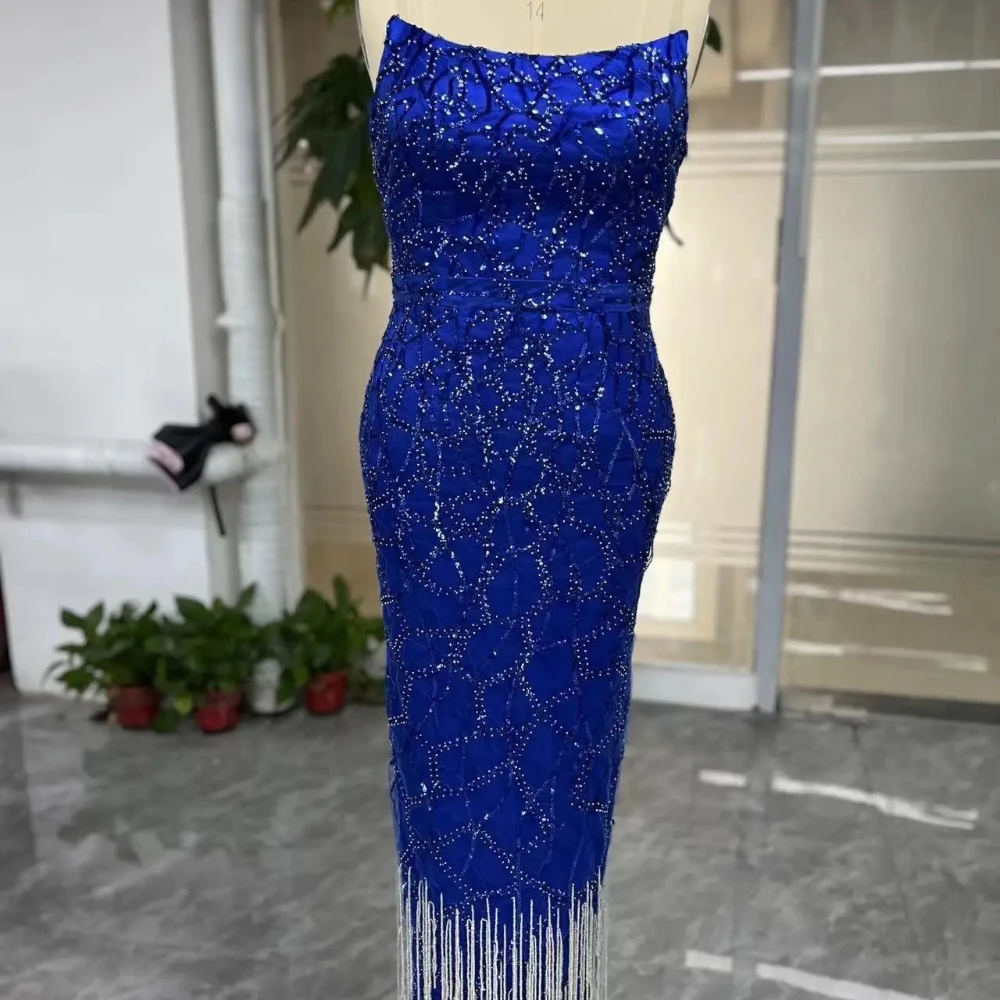 New Mermaid Prom Dresses Strapless Zipper Back Slit Women Wear Sparkling Beading Sequins Cocktail Party Evening Gowns Tassels