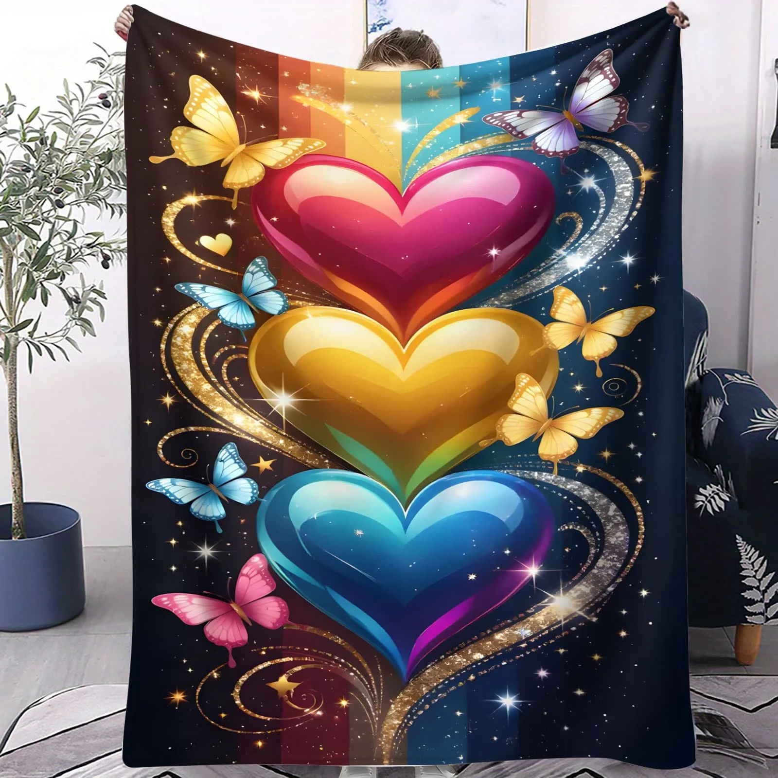 ผ้าห่มตุ๊กตาผีเสื้อหัวใจสีรุ้ง - ผ้าห่มนุ่มสำหรับห้องเด็ก โซฟา แคมป์ ตกแต่งสีสันสดใส เหมาะสำหรับครอบครัวและผู้ที่ชื่นชอบสไตล์