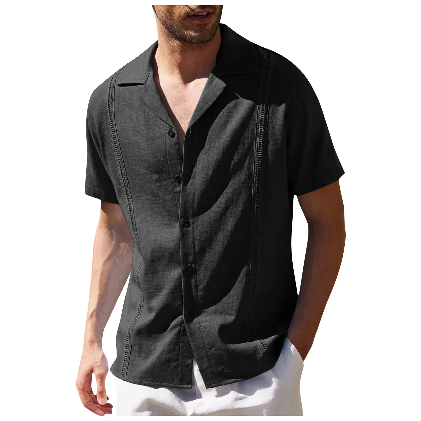 Men\'s Traditional Cuban Camp Collar Guayabera Shirt Short Sleeve Embroidered Mens Shirts Soft Breathable Solid Color Beach Shirt