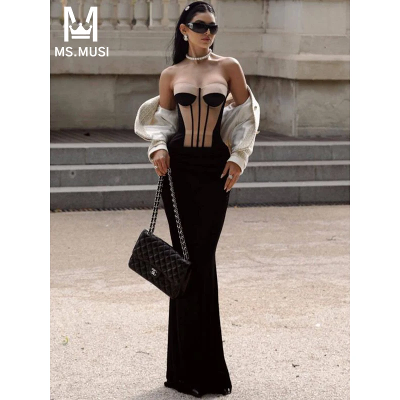 

MSMUSI 2024 New Fashion Women Sexy Patchwork Bandage Two Piece Set Bodycon Party Strapless Corset Top Slim Maxi Skirt Set Suit